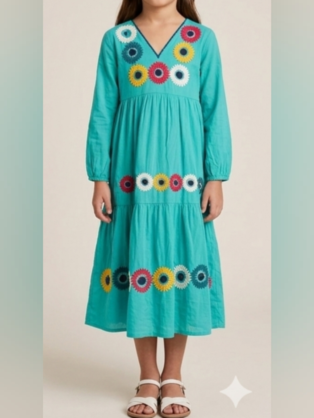 Floral Embroidered Kids Dress - Teal